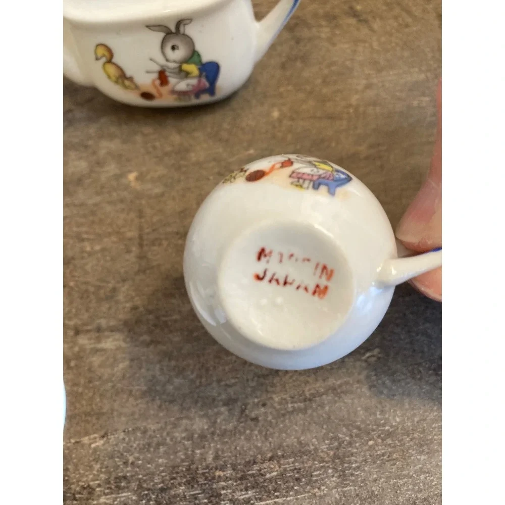 Vintage Miniature Porcelain Tea Set Bunny Squirrel Knitting Made in Japan 8pc